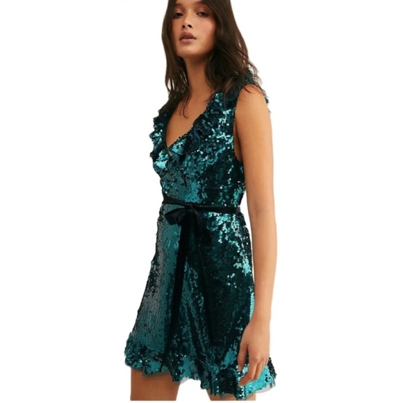 Free People | Spirulina Sequin Cocktail Dress - low back with waist tie - Size 8 - Picture 6 of 12